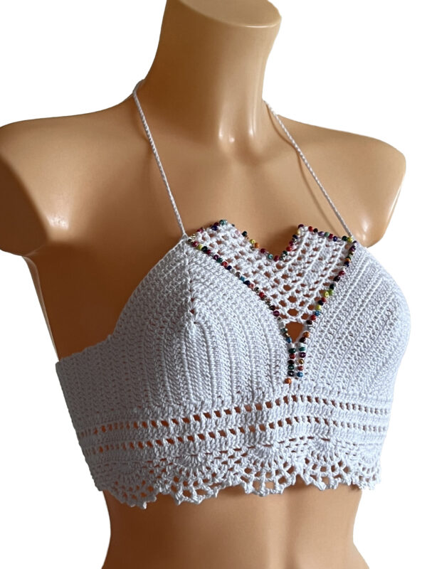 White lace embroidered and beaded hand-knitted crop - Image 2