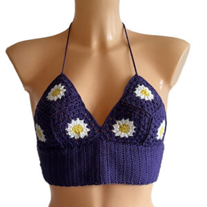 Purple daisy patterned hand knitted crop