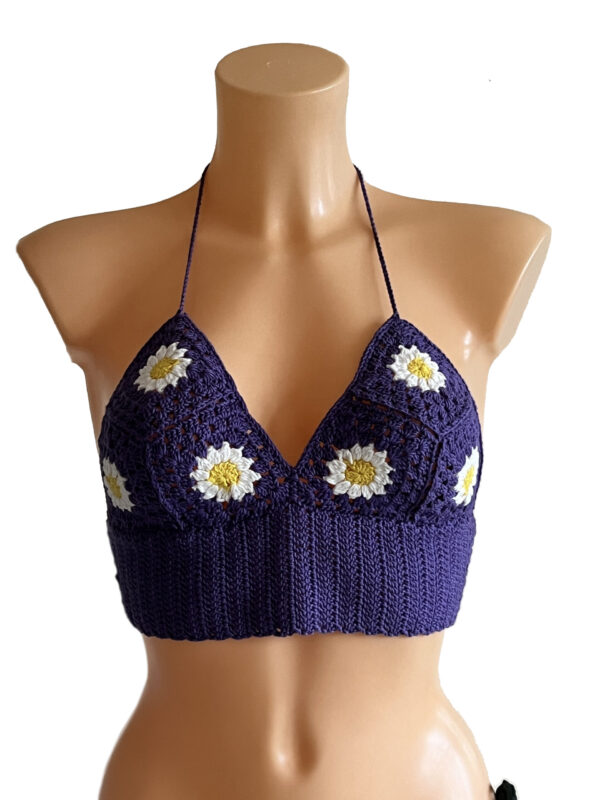 Purple daisy patterned hand knitted crop