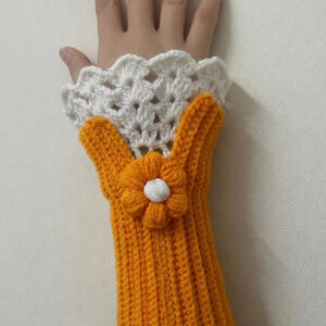 Orange Floral Handmade Crochet Fingerless Gloves product photo