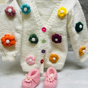 Colorful Flower Handmade Crochet Baby Cardigan & Booties Set product photo