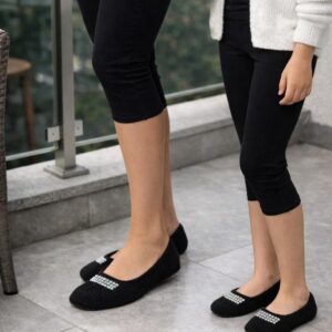 Matching mother and daughter black knit slippers with rhinestone detail