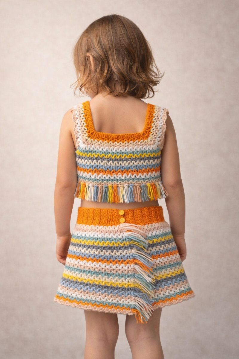 Back view of child wearing matching crochet crop top and skirt set with fringe