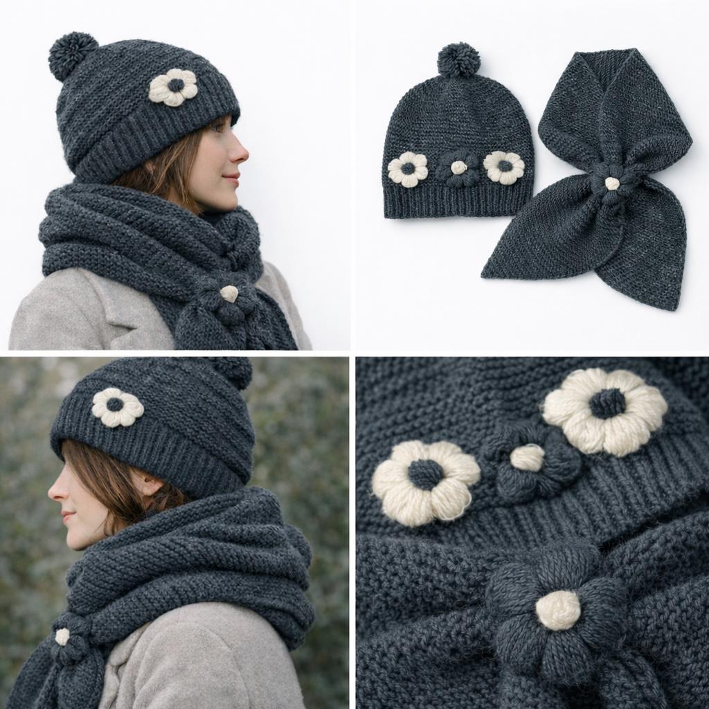 Charcoal hand-knit beanie with pom-pom and matching bow scarf with flower appliqué