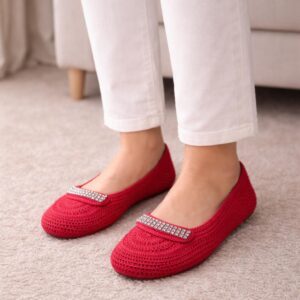 Ruby Red crochet loafers with rhinestone bar