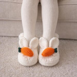 White crochet kids slippers with bunny ears and orange carrot appliqué
