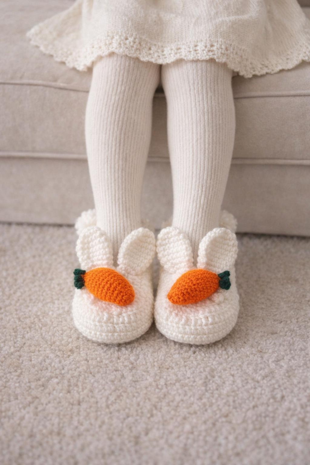 White crochet kids slippers with bunny ears and orange carrot appliqué