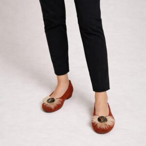 Chestnut Brown crochet flats with faux-fur and medallion detail