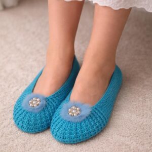 Sky Blue crochet ballet flats with pom-pom and pearl detail
