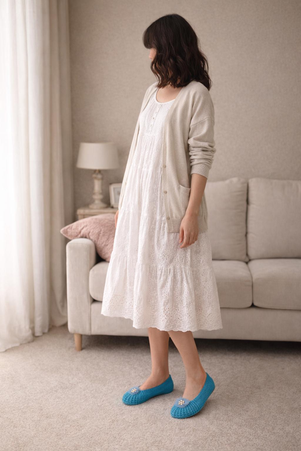 Sky Blue crochet ballet flats with pom-pom and pearl detail