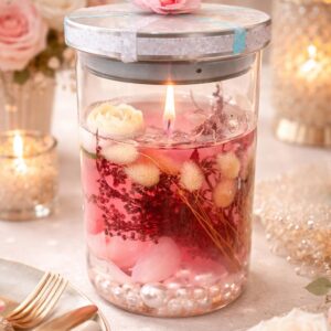 pink handmade jar candle with floral and pearl details