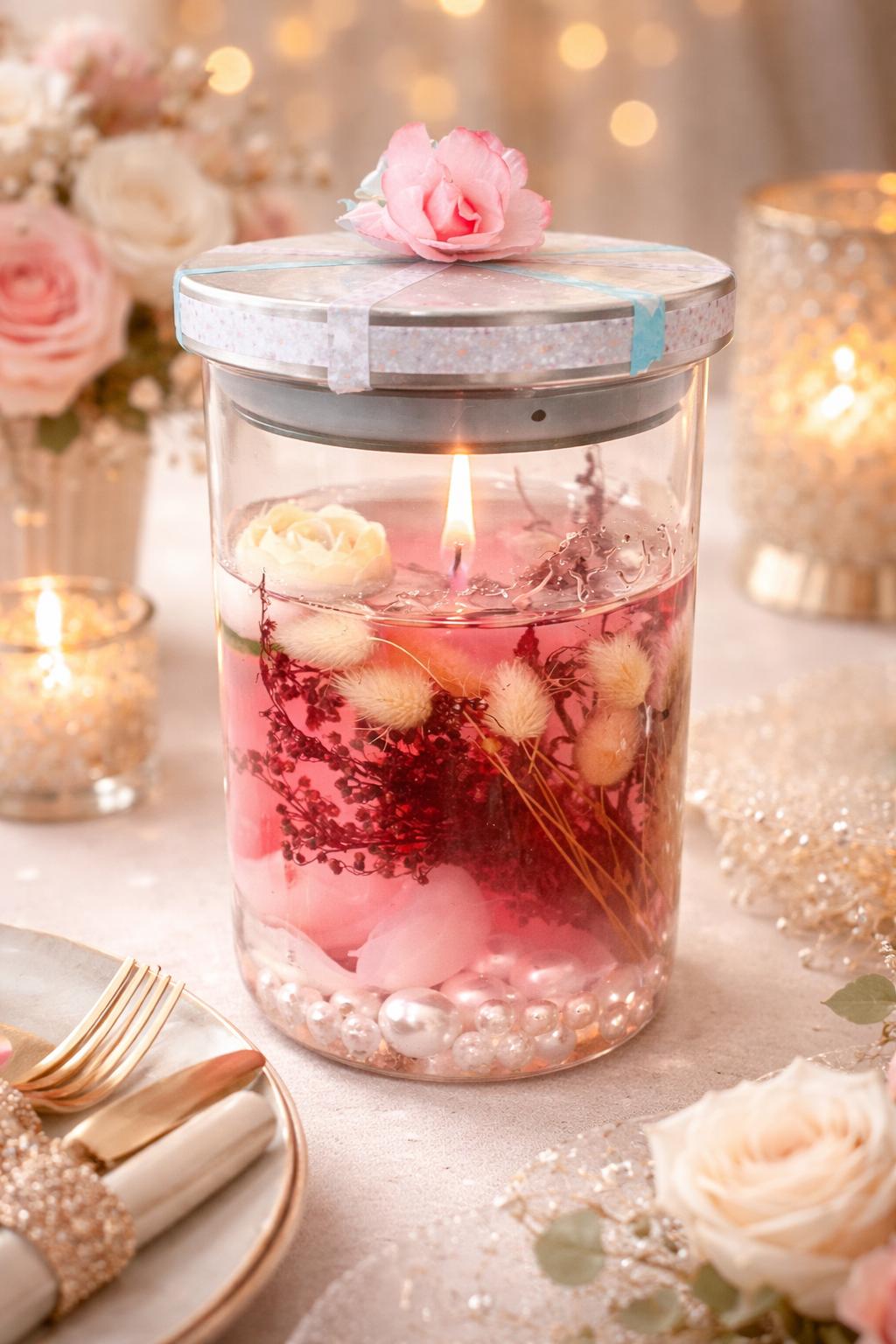pink handmade jar candle with floral and pearl details