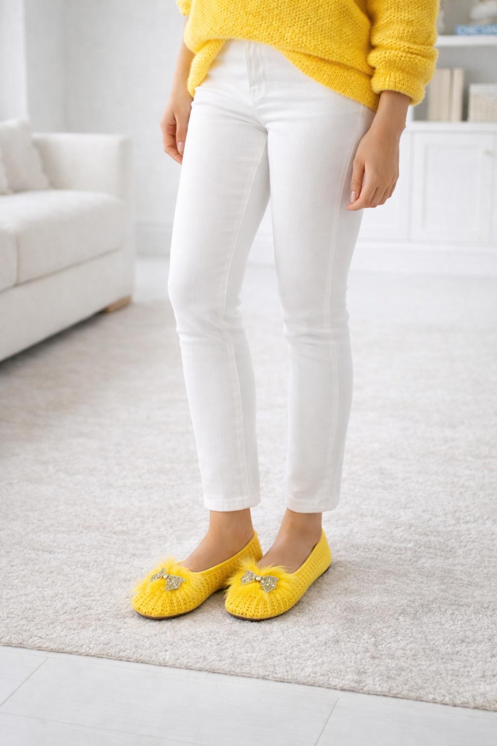 Sunshine Yellow crochet flats with faux-fur trim and butterfly brooch