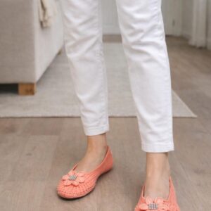 Peach crochet ballet flats with flower appliqué